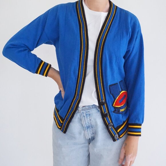 Vintage Blue Cotton Collegiate Retro Cheerleading Sorority Cardigan M - Picture 2 of 9